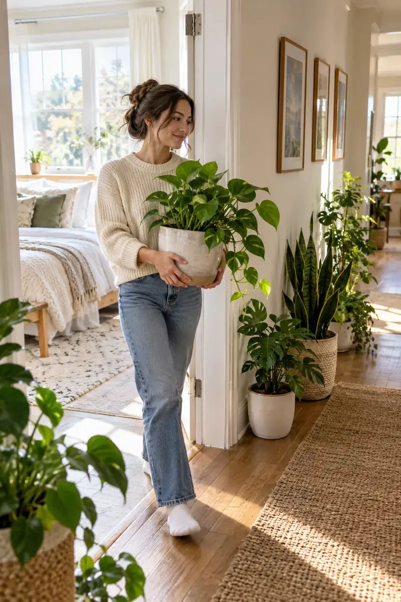 A modestly dressed young woman in a cream knit sweater and jeans carrying a potted plant out of a bedroom doorway into a hallway lined...