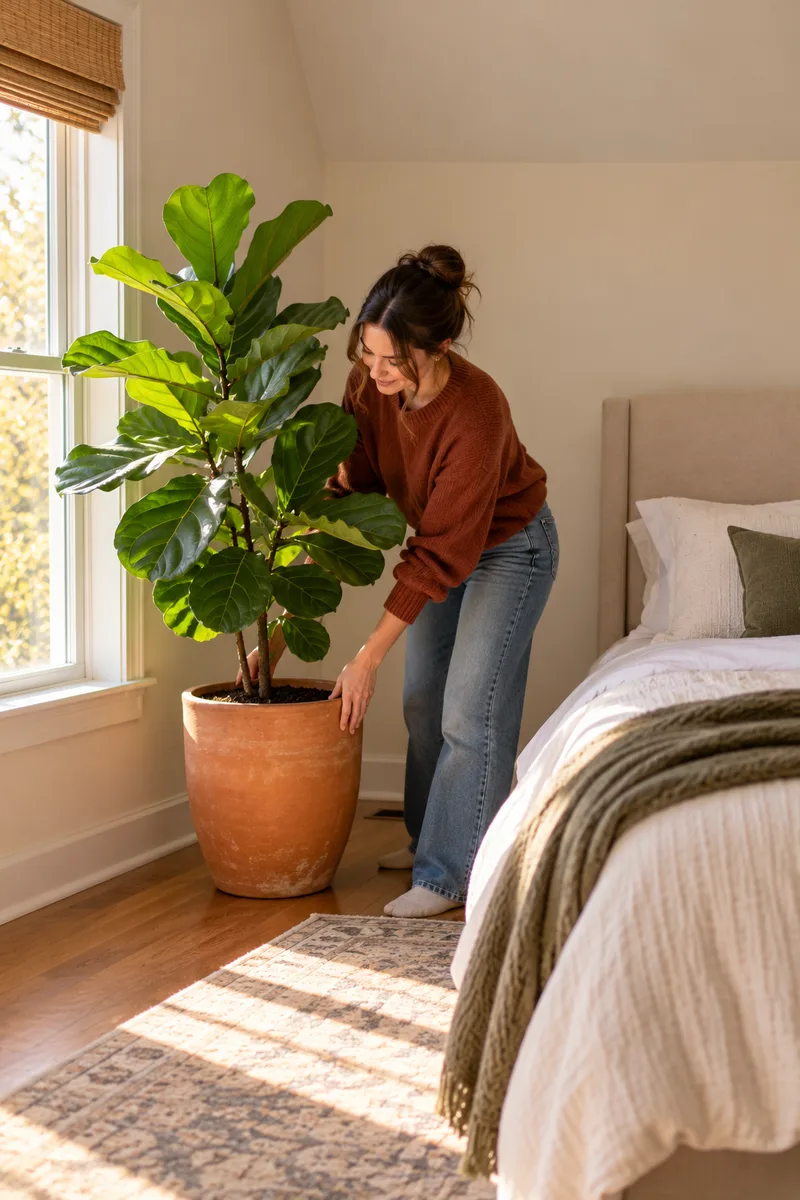 A modestly dressed young woman in a rust-colored sweater and jeans setting a tall fiddle-leaf fig in a large terracotta pot beside a bed...