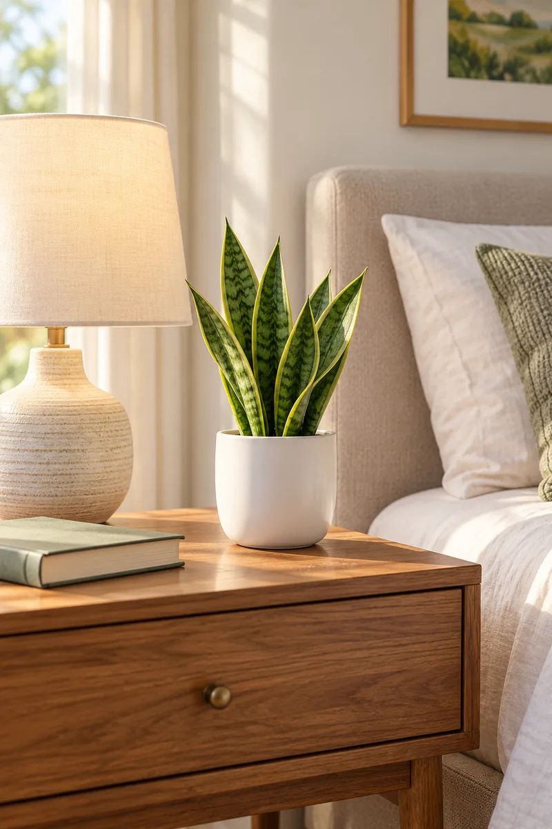 A single small snake plant in a white ceramic pot on a wooden nightstand next to a lamp and a book, nothing else on the surface, in a...
