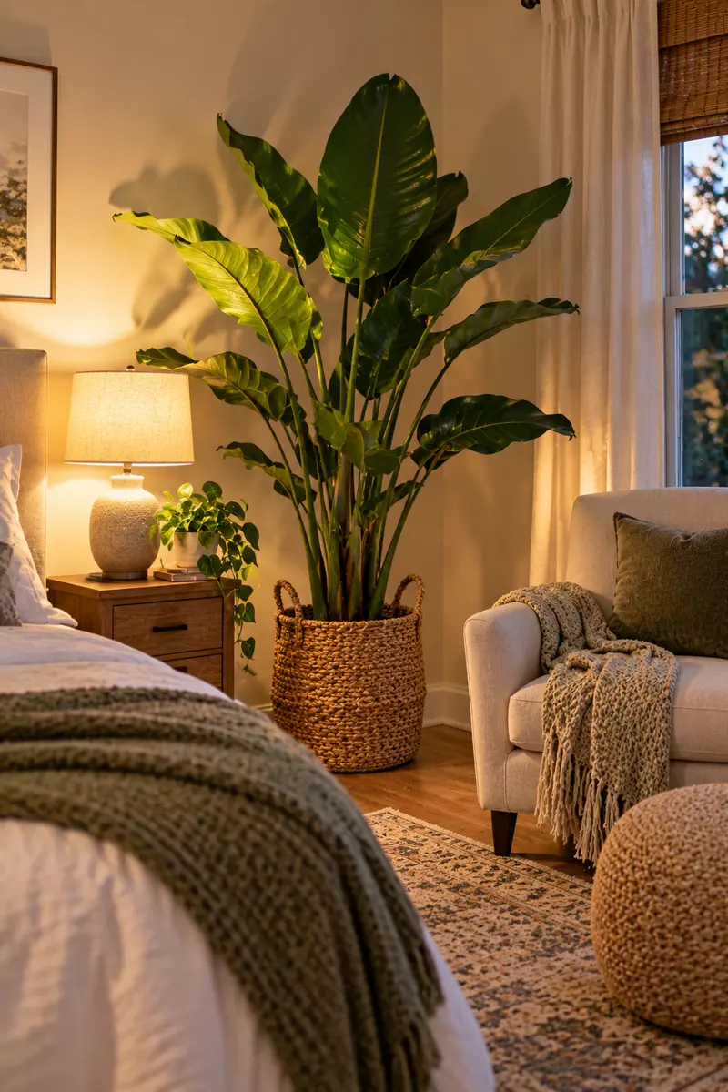 A tall bird of paradise in a woven basket anchoring a bedroom corner next to a reading chair with a folded throw, in a cozy bedroom...