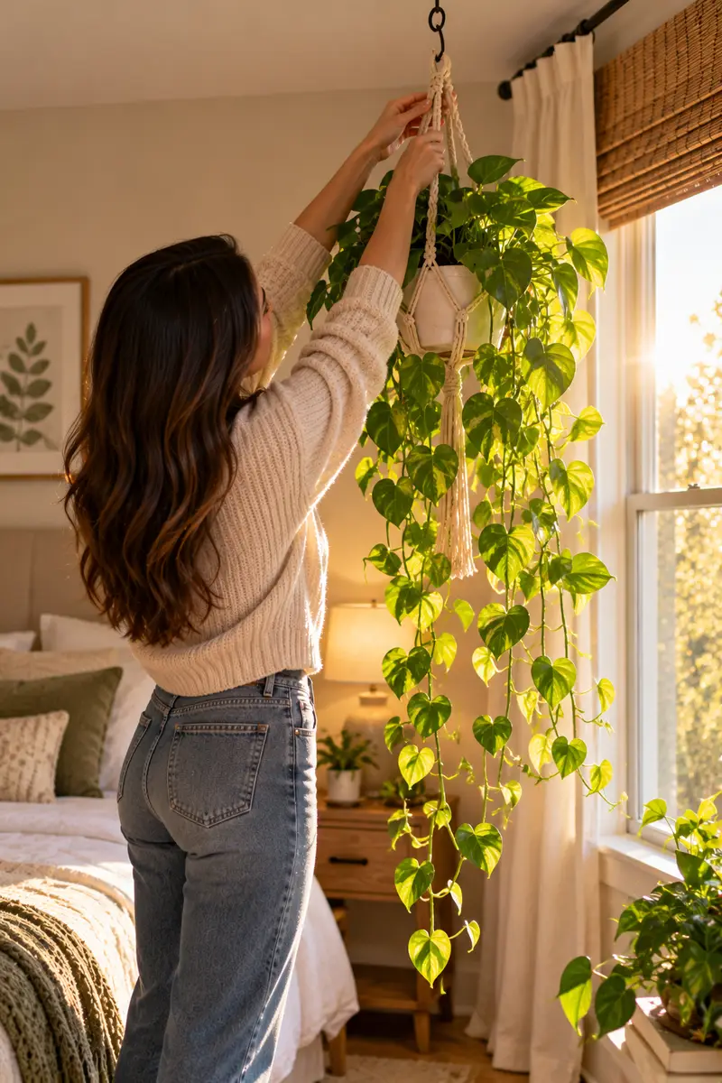 A trailing pothos in a macrame hanger being hung from a ceiling hook by a woman's hands, long vines spilling down, in a bedroom beside a...