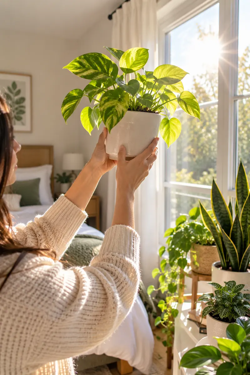 A woman's hand holding a small potted plant up to a bright bedroom window testing the light, sun flare glowing through the leaves, in a...