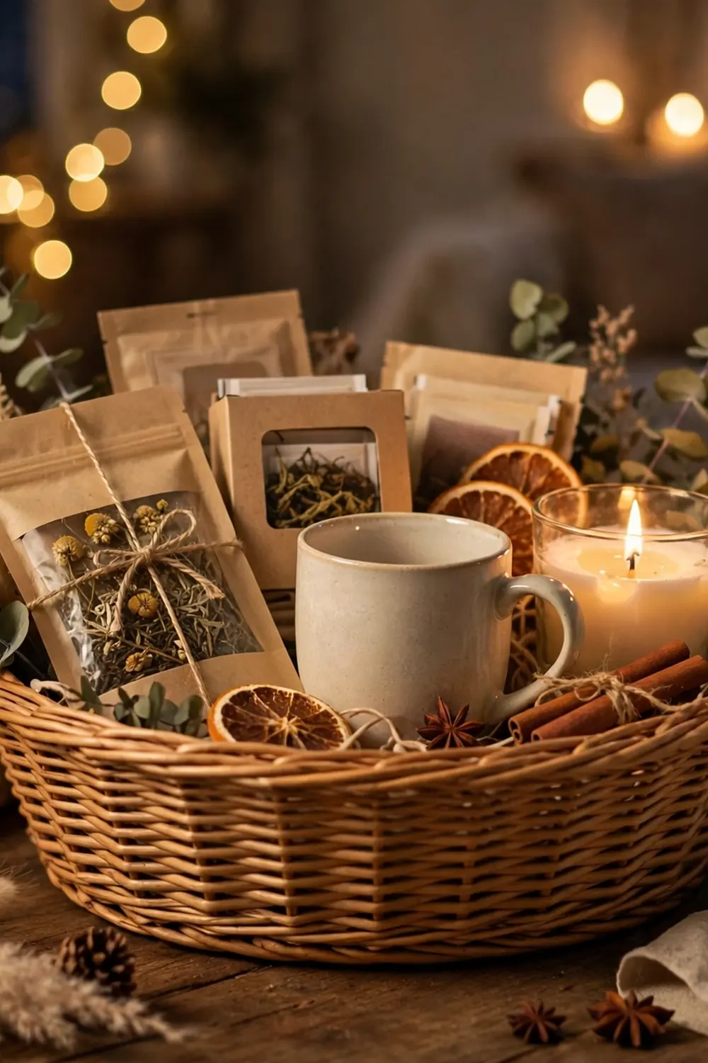 Tea gift basket with tea packets, a plain mug, and a lit candle.