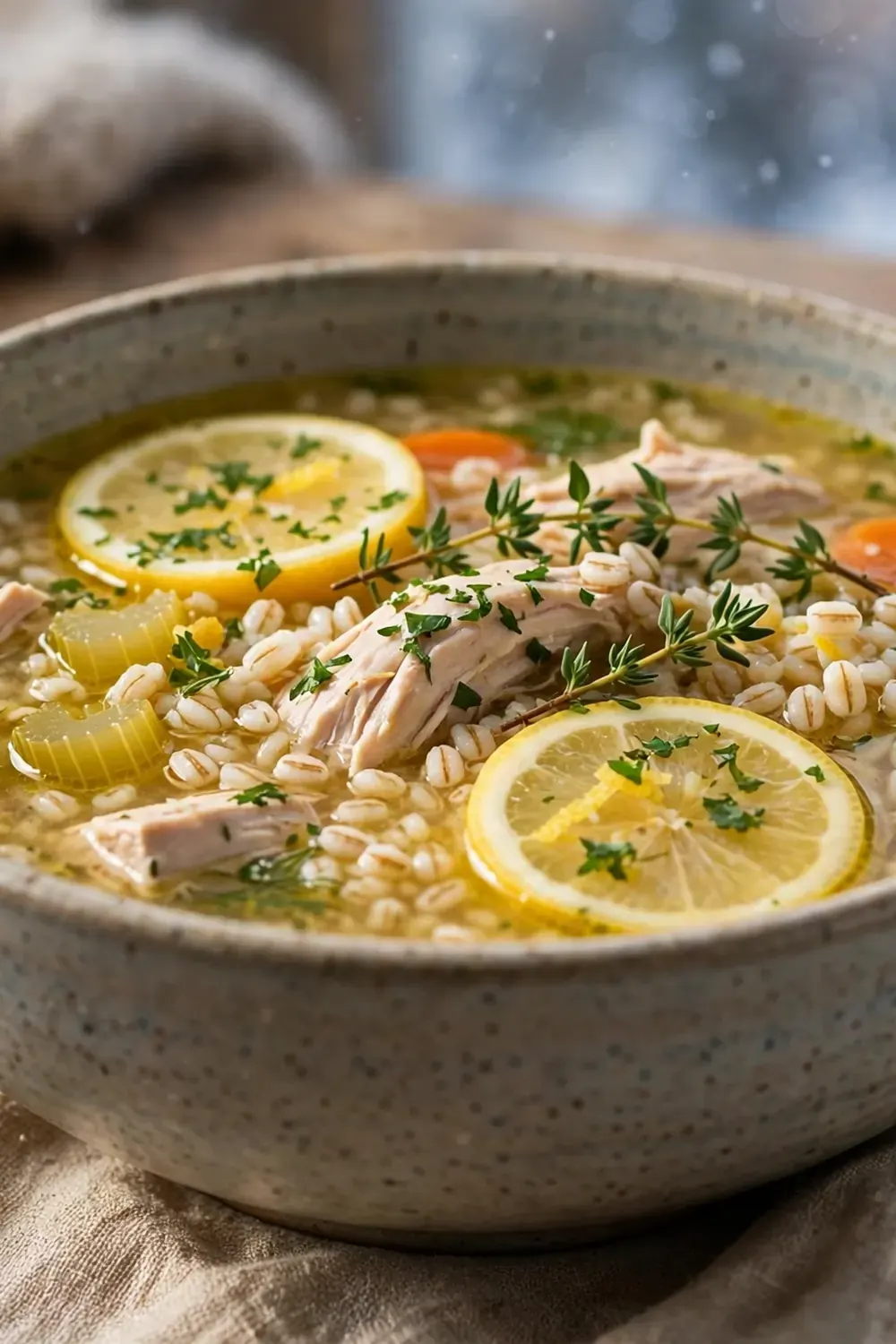 15 Winter Comfort Food Ideas That Are Lighter Than Usual 1 Bowl of lemon chicken and barley soup with shredded chicken, barley grains, lemon slices, celery, carrot and thyme in a clear broth.