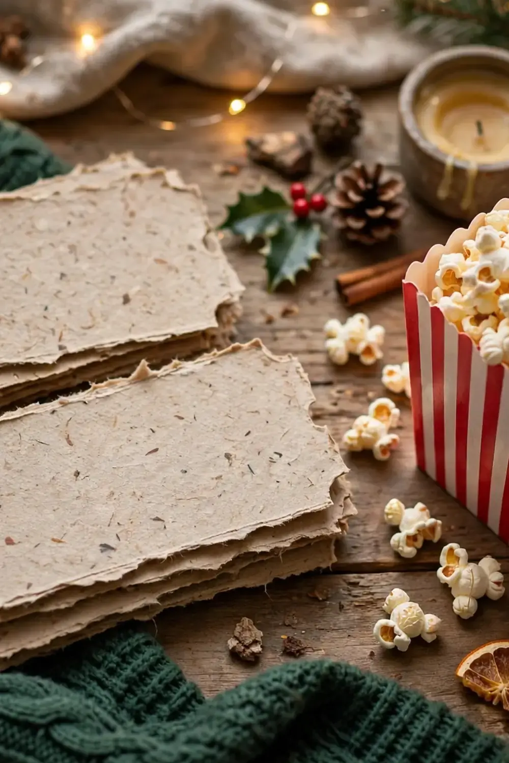 21 Christmas Movie Night Ideas for Family Night 1 Blank handmade paper sheets on a wooden table beside a red-and-white striped box of popcorn, with pinecones, holly, a candle, and string lights nearby.