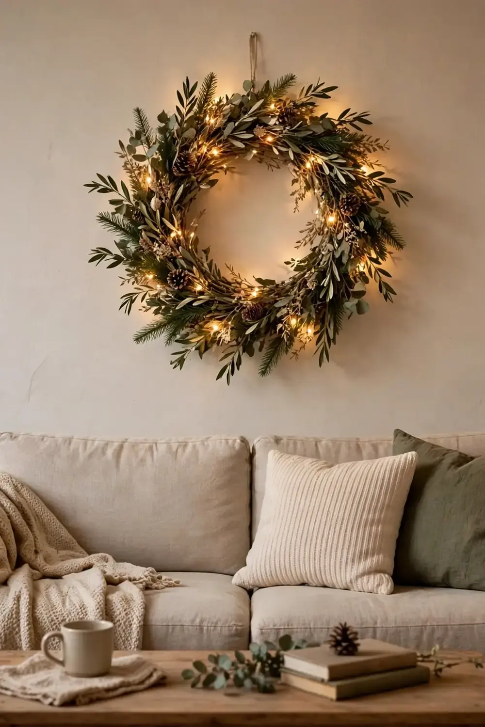15 Small Apartment Christmas Decor Ideas That Do Not Take Floor Space 1 Flat branch wreath with warm lights and pinecones hung on the wall above a beige sofa.
