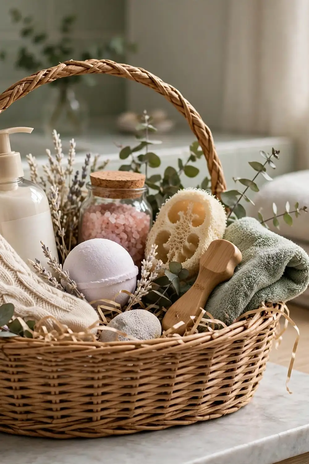 Spa gift basket with lotion, bath bomb, bath salts, loofah, towel and knitted socks.