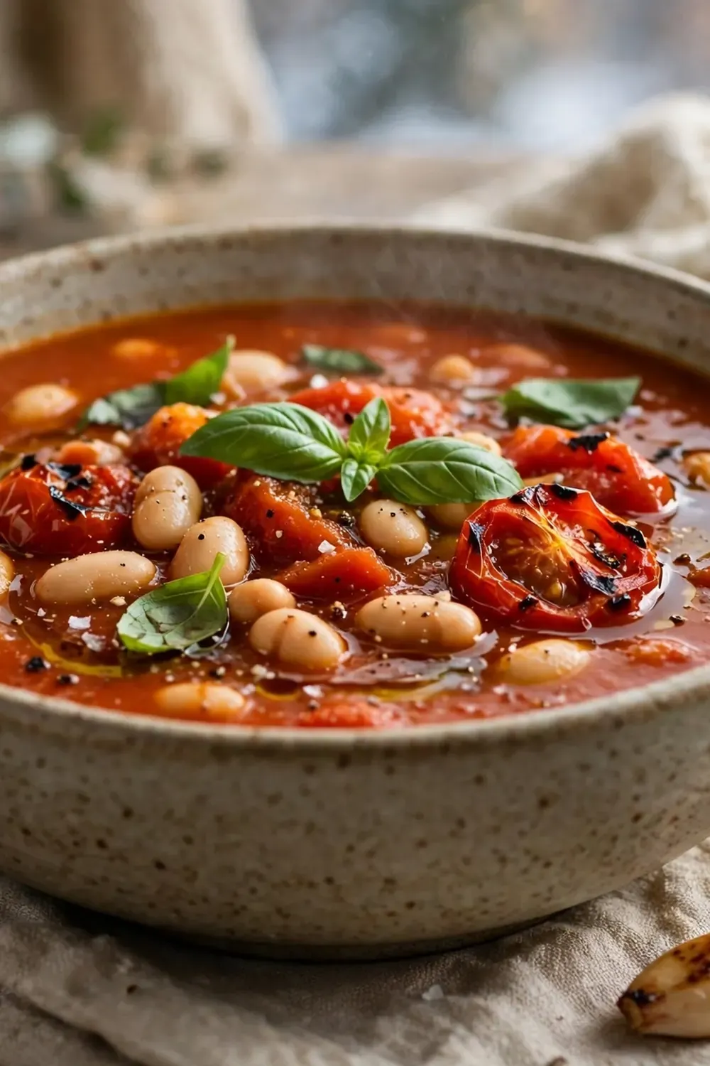 15 Winter Comfort Food Ideas That Are Lighter Than Usual 2 Bowl of roasted tomato soup with white beans, roasted tomato halves and fresh basil leaves.