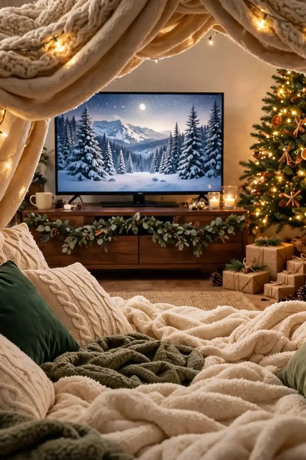 21 Christmas Movie Night Ideas for Family Night 2 A blanket fort with draped blankets, string lights, pillows, and bedding, facing a television showing snowy trees and mountains, with a lit Christmas tree and wrapped gifts beside it.