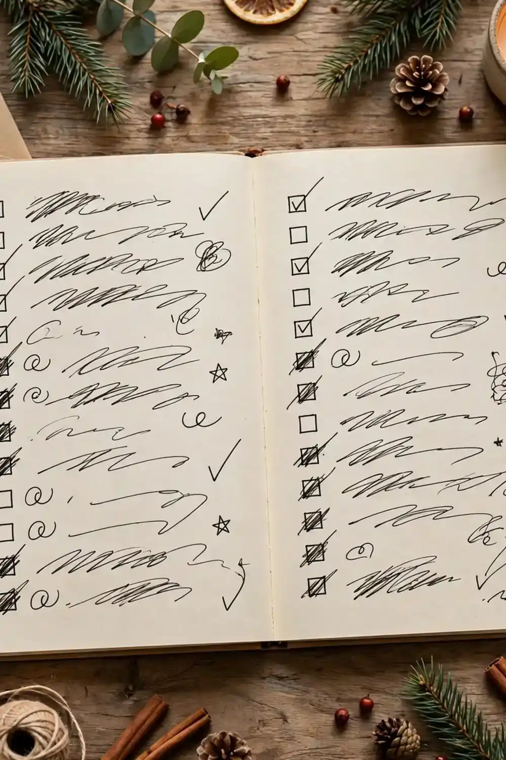 How to Make a Christmas Budget That Actually Works 2 Open notebook with a checklist of gift list entries on a wooden desk with pine branches, pinecones, cinnamon sticks and twine.