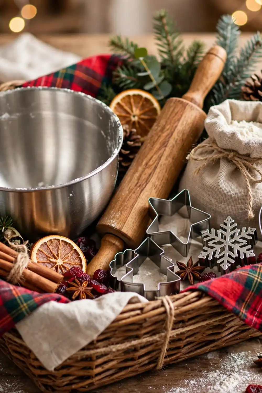 Wicker basket with a metal mixing bowl, wooden rolling pin, star, tree, snowflake and heart cookie cutters, a cloth bag of flour, dried orange slices and pine sprigs.