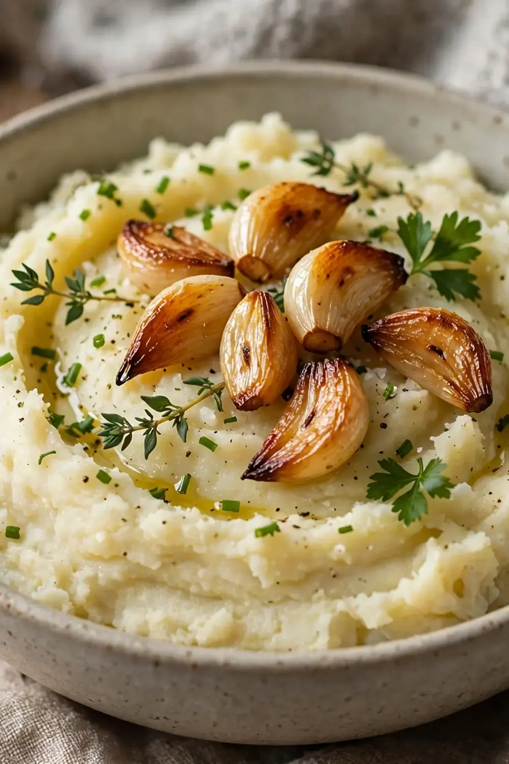 15 Winter Comfort Food Ideas That Are Lighter Than Usual 3 Creamy cauliflower and potato mash in a bowl, topped with roasted garlic cloves and chopped herbs.