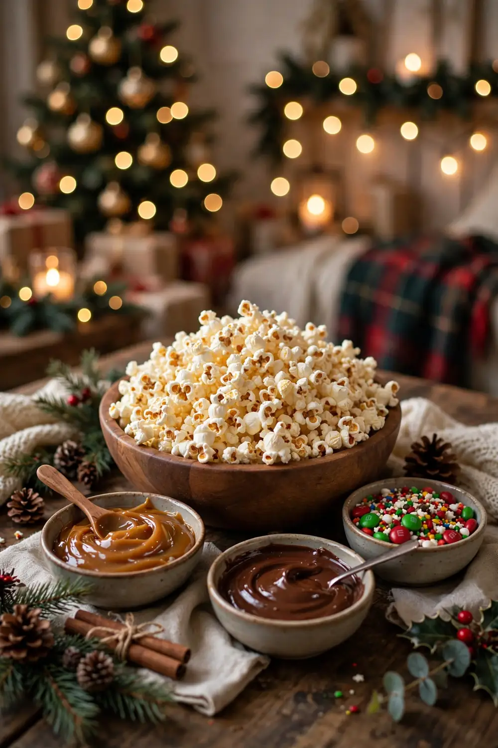 21 Christmas Movie Night Ideas for Family Night 3 A large wooden bowl of popcorn with three small bowls of caramel sauce, melted chocolate, and colorful candy pieces beside it, in front of a lit Christmas tree.