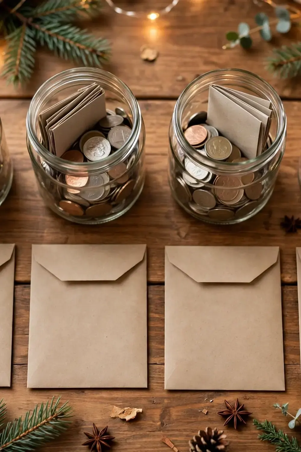 How to Make a Christmas Budget That Actually Works 3 Desk with jars and envelopes set out for food, travel, cards and decor spending at Christmas.