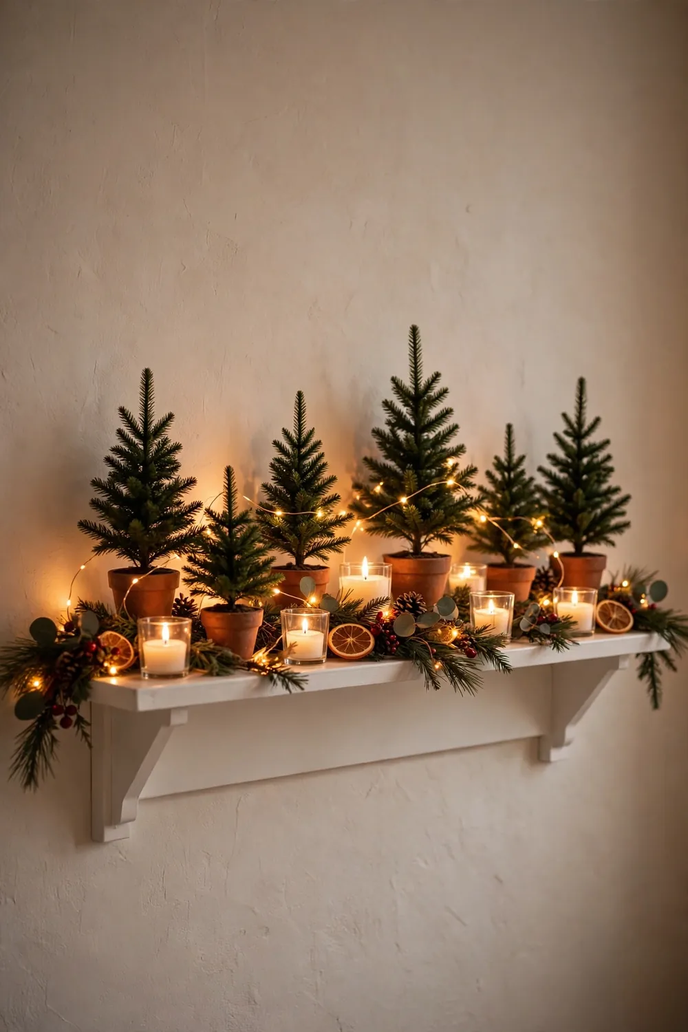 15 Small Apartment Christmas Decor Ideas That Do Not Take Floor Space 3 Six small potted Christmas trees and lit candles arranged along a white picture ledge, with pine garland, pinecones, dried orange slices, and warm fairy lights.