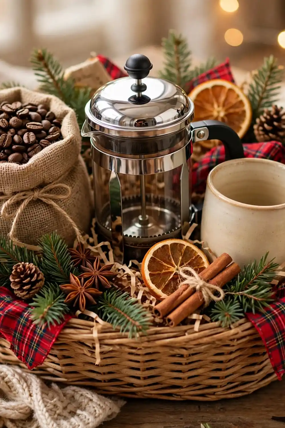 Wicker basket with a cloth sack of coffee beans, a glass French press, a cream ceramic mug, dried orange slices, cinnamon sticks and pine sprigs.