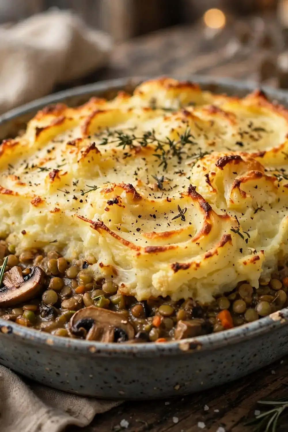 15 Winter Comfort Food Ideas That Are Lighter Than Usual 4 Lentil and mushroom shepherd's pie in a baking dish with a golden cauliflower top.
