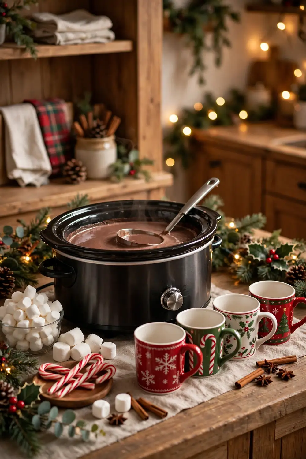 21 Christmas Movie Night Ideas for Family Night 4 A slow cooker filled with hot chocolate and a ladle, with four empty Christmas mugs, marshmallows, and candy canes set out beside it.