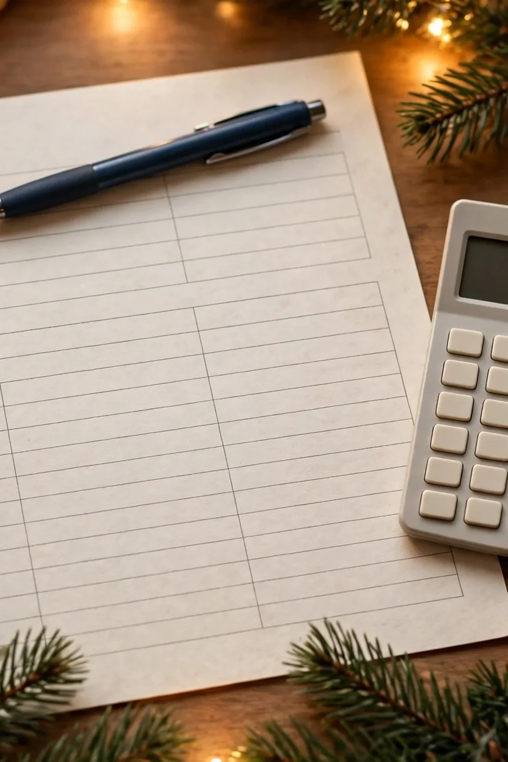 How to Make a Christmas Budget That Actually Works 4 Budget sheet with a spending limit written against each line, with a pen and calculator beside it.