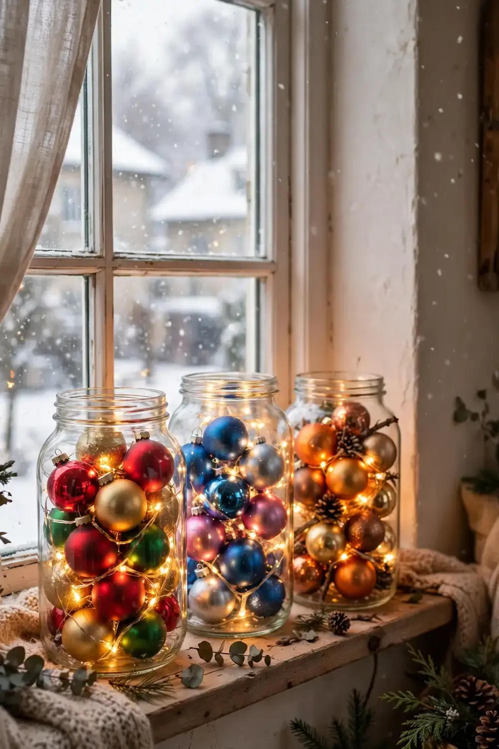 15 Small Apartment Christmas Decor Ideas That Do Not Take Floor Space 4 Three glass jars on a windowsill filled with coloured Christmas baubles and warm fairy lights, in front of a snowy window.