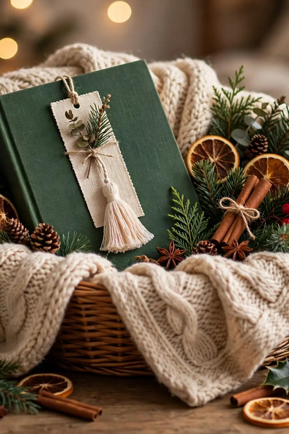 Wicker basket draped with a cream knitted blanket, holding a green hardcover book with a fabric tassel bookmark, pine sprigs, dried orange slices and pinecones.