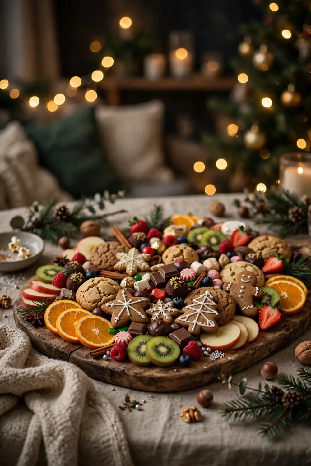 21 Christmas Movie Night Ideas for Family Night 5 A round wooden dessert board with gingerbread cookies, chocolate pieces, sliced orange, apple, kiwi, strawberries, and berries, on a table near a lit Christmas tree.