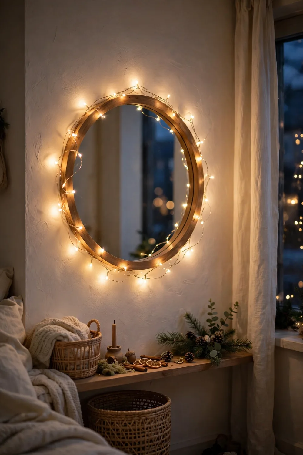 15 Small Apartment Christmas Decor Ideas That Do Not Take Floor Space 5 Warm fairy lights wrapped around a round wooden mirror frame on a wall, above a shelf with pine branches, pinecones, and a candle.