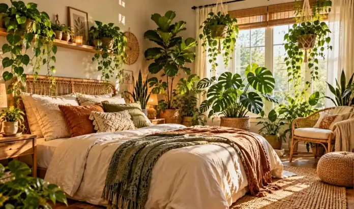 Boho Bedroom Ideas With Plants for a Relaxed Natural Look A boho bedroom filled with plants, with hanging pothos in macrame hangers, a large monstera in a woven basket, a fiddle leaf fig in the corner, and trailing philodendron on a wooden shelf, with rattan furniture and cream linen bedding.