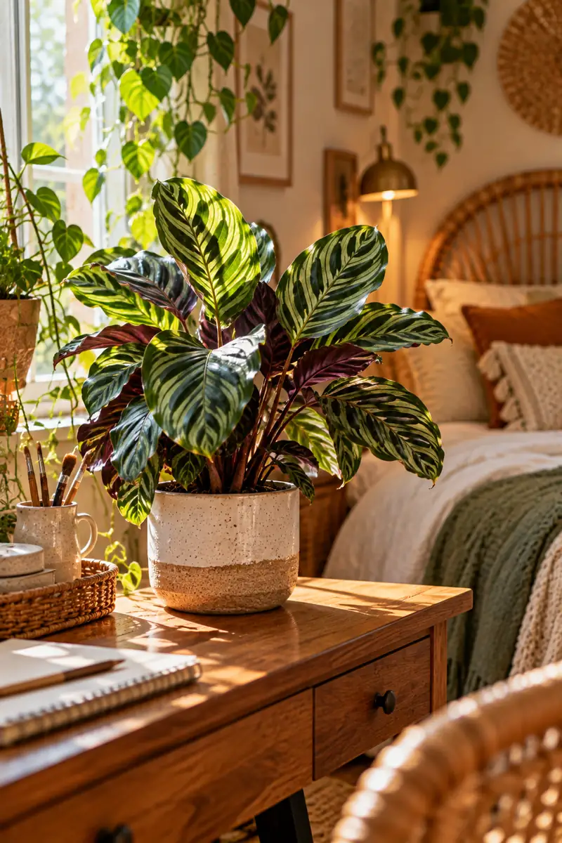 21 Boho Bedroom Ideas With Plants for a Relaxed Natural Look 8 A calathea plant with striking patterned leaves in a ceramic pot on a wooden desk in a boho bedroom, with soft window light showing the leaf details.