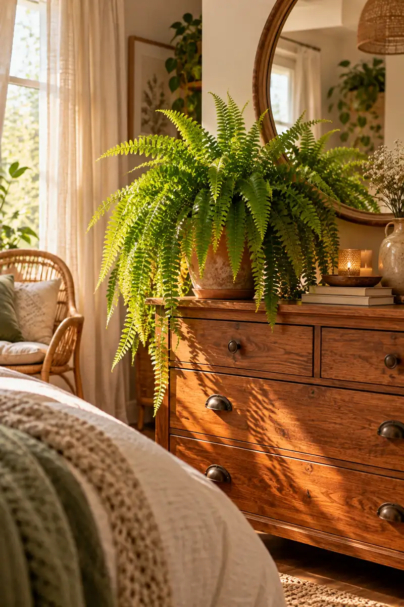 21 Boho Bedroom Ideas With Plants for a Relaxed Natural Look 5 A lush Boston fern in a terracotta pot on top of a vintage wooden dresser in a boho bedroom, with arching fronds softening a round mirror above.