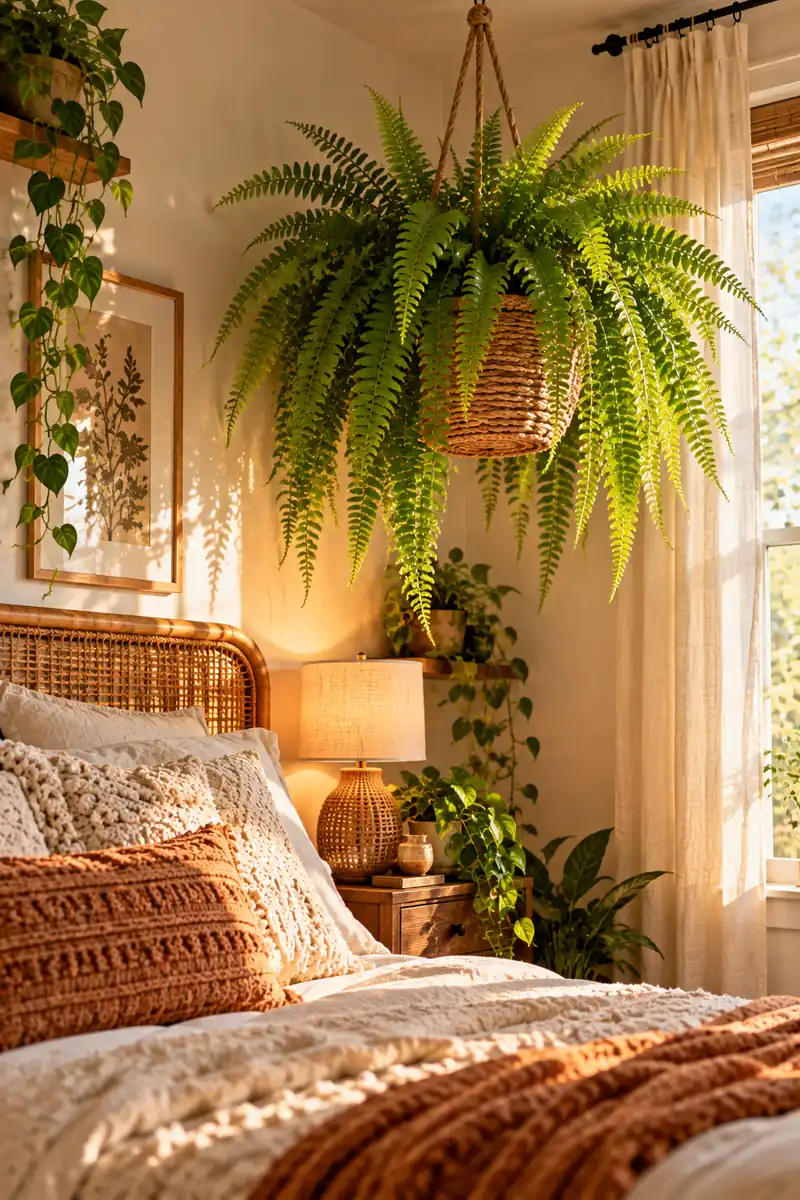 21 Boho Bedroom Ideas With Plants for a Relaxed Natural Look 7 A Boston fern in a hanging basket suspended from the ceiling in the corner above a boho bed, with lush fronds filling the upper corner.