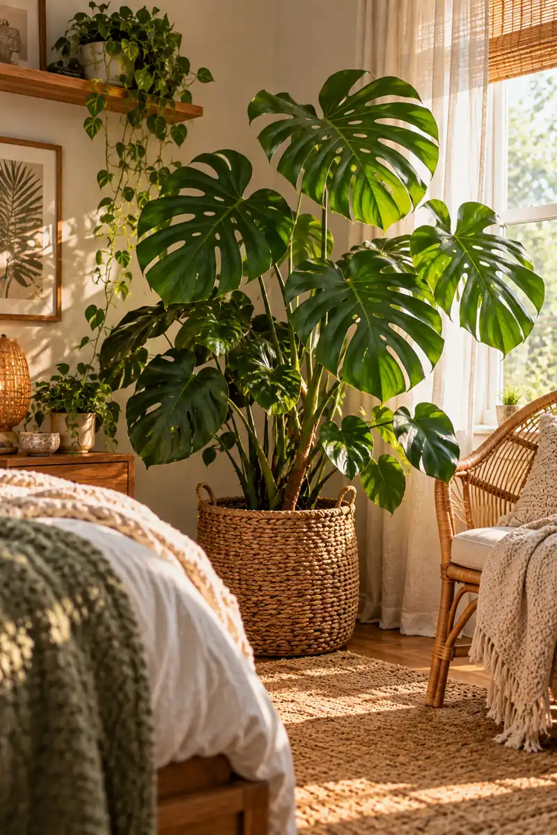 21 Boho Bedroom Ideas With Plants for a Relaxed Natural Look 3 A large monstera deliciosa with split leaves in a chunky woven seagrass basket in a bright boho bedroom corner, with a rattan chair and layered textiles nearby.
