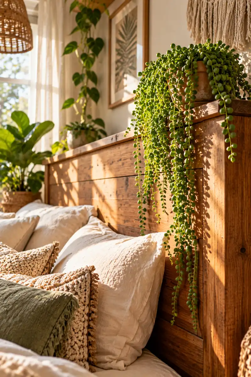 21 Boho Bedroom Ideas With Plants for a Relaxed Natural Look 6 A string of pearls succulent spilling over the top edge of a wooden headboard in a sunny boho bedroom, with bead-like strands hanging down the wood.