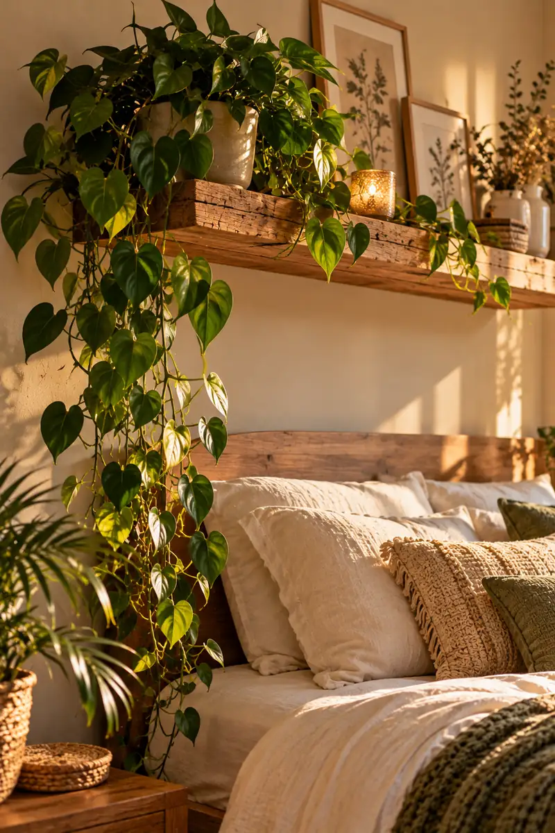 21 Boho Bedroom Ideas With Plants for a Relaxed Natural Look 2 A heartleaf philodendron trailing across a rustic wooden wall shelf in a boho bedroom, with vines cascading down beside small framed prints and a candle.