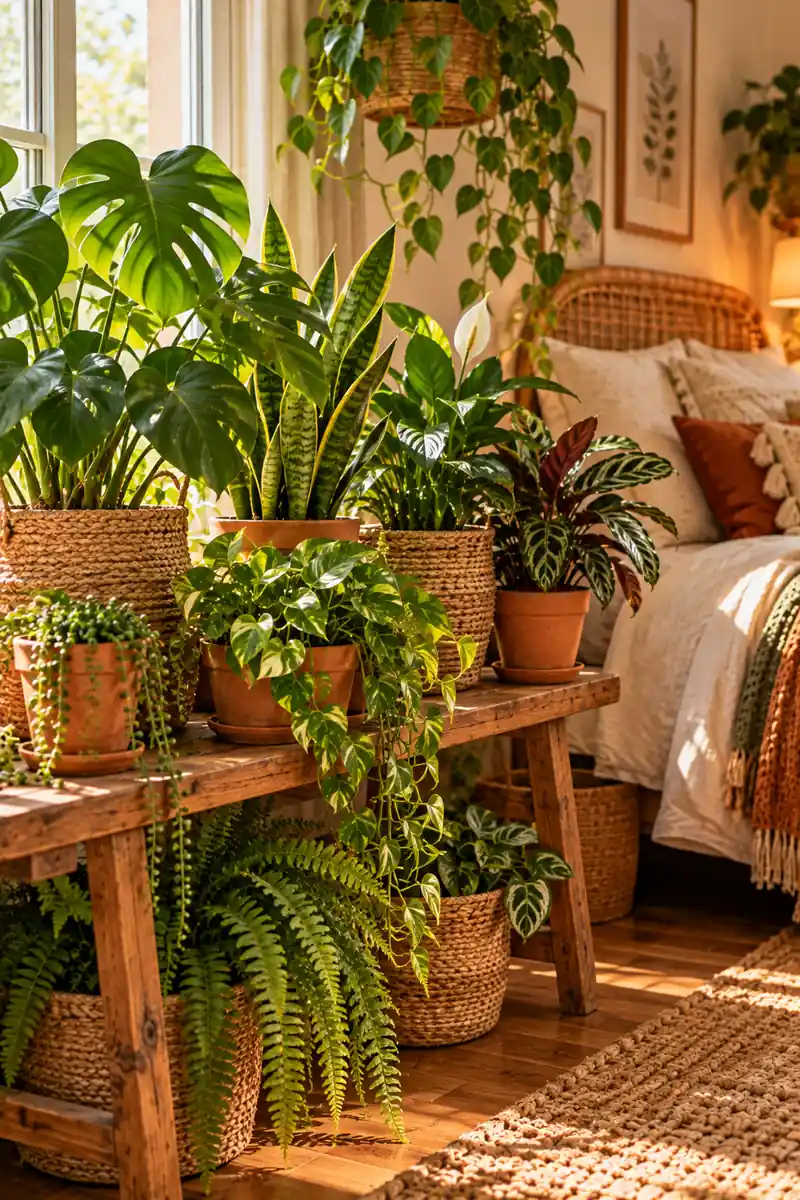 21 Boho Bedroom Ideas With Plants for a Relaxed Natural Look 10 A group of houseplants in mixed terracotta pots and woven baskets on a wooden bench in a boho bedroom, with varied textures and green tones in warm daylight.