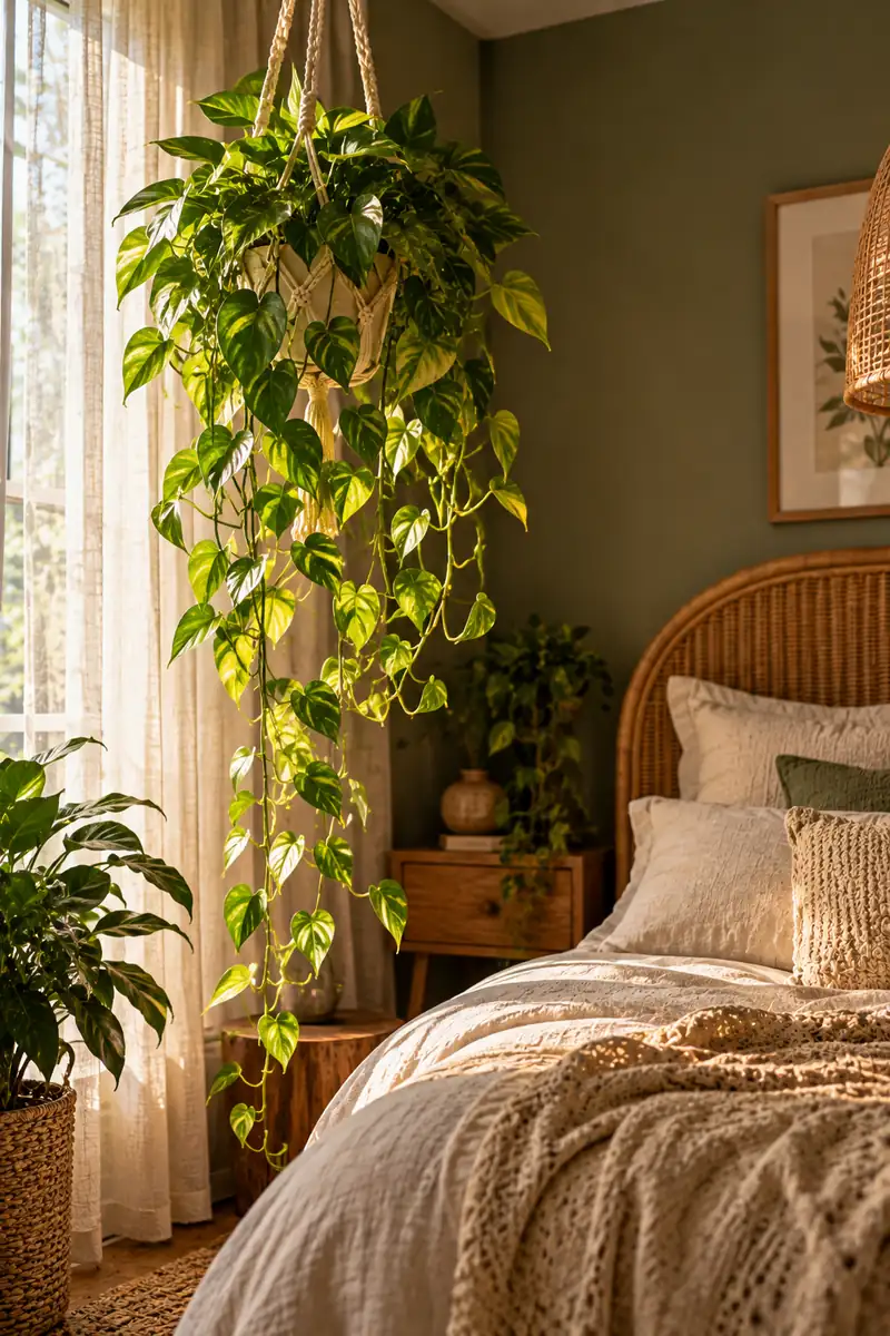 21 Boho Bedroom Ideas With Plants for a Relaxed Natural Look 1 A trailing golden pothos in a macrame hanger suspended from the ceiling beside a cozy boho bed with cream linen bedding and a rattan headboard, in soft morning light.