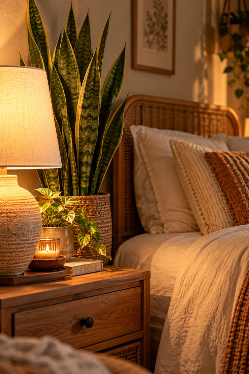 21 Boho Bedroom Ideas With Plants for a Relaxed Natural Look 4 A tall snake plant with upright striped leaves tucked behind a warm glowing bedside lamp on a wooden nightstand, with cream bedding blurred in the background.