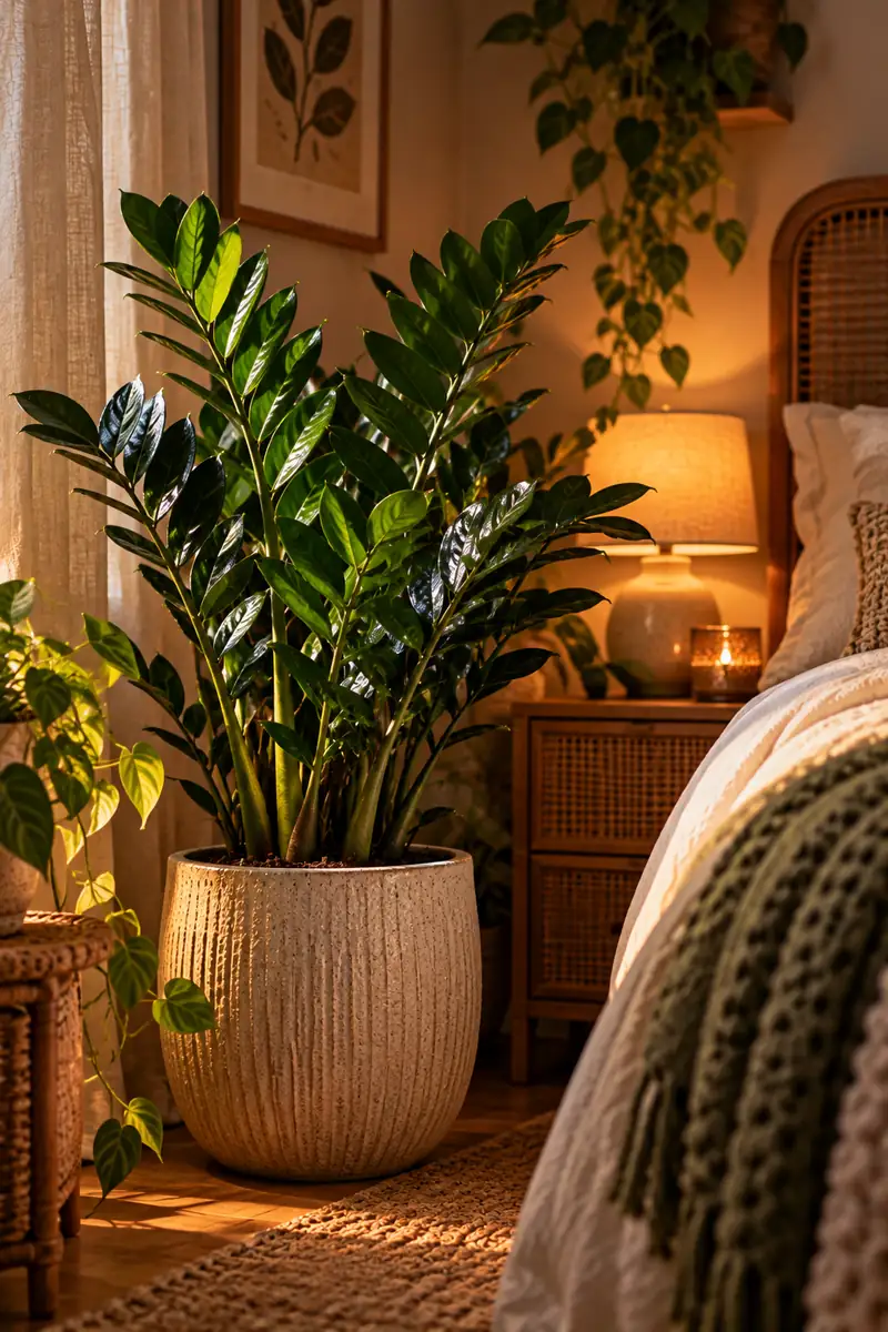 21 Boho Bedroom Ideas With Plants for a Relaxed Natural Look 9 A ZZ plant with glossy dark green leaves in a textured ceramic pot in a dim bedroom corner, with soft ambient light catching the leaves.