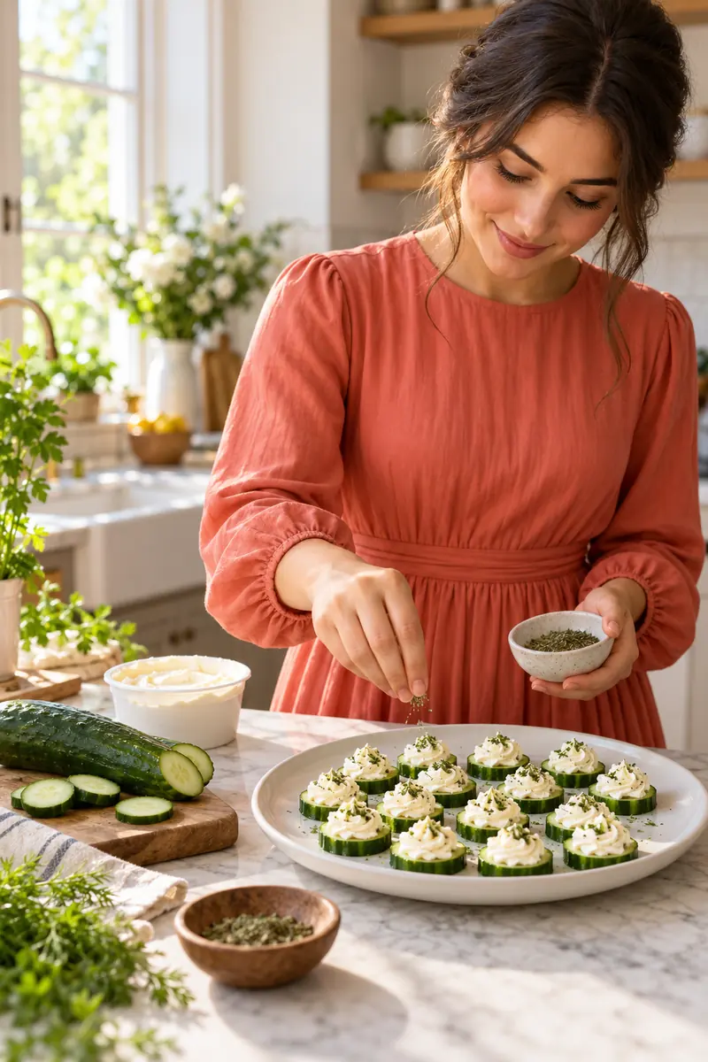 Woman in a long dress arranging cucumber slices topped with cream cheese on a serving plate