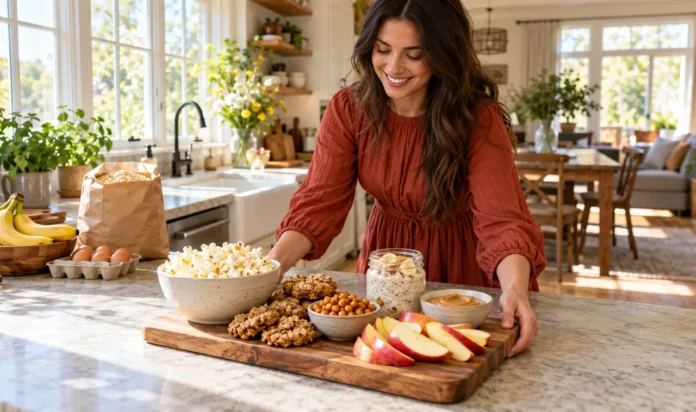Woman in a long modest dress presenting a board of homemade budget-friendly snacks in a bright kitchen