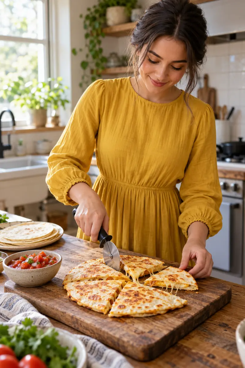 Woman in a long dress cutting a golden cheese quesadilla into triangles on a wooden board