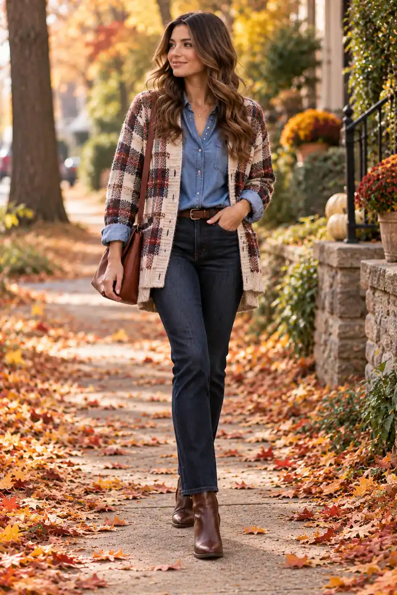 18 Plaid Cardigan Outfits for Easy Fall Layering 3 Woman wearing a plaid cardigan layered open over a chambray denim shirt with dark jeans