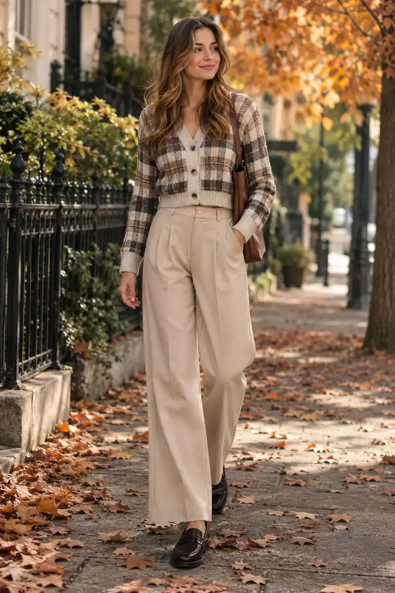 18 Plaid Cardigan Outfits for Easy Fall Layering 2 Woman in a cropped plaid cardigan with high-waist wide-leg beige trousers and loafers