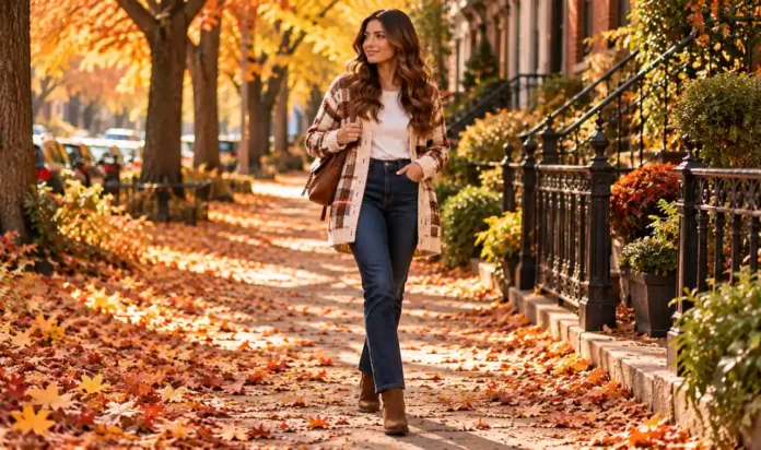 Plaid Cardigan Outfits - Plaid Cardigan Fall Layering Outfit Woman in an open plaid cardigan over a white tee and jeans on a fall street