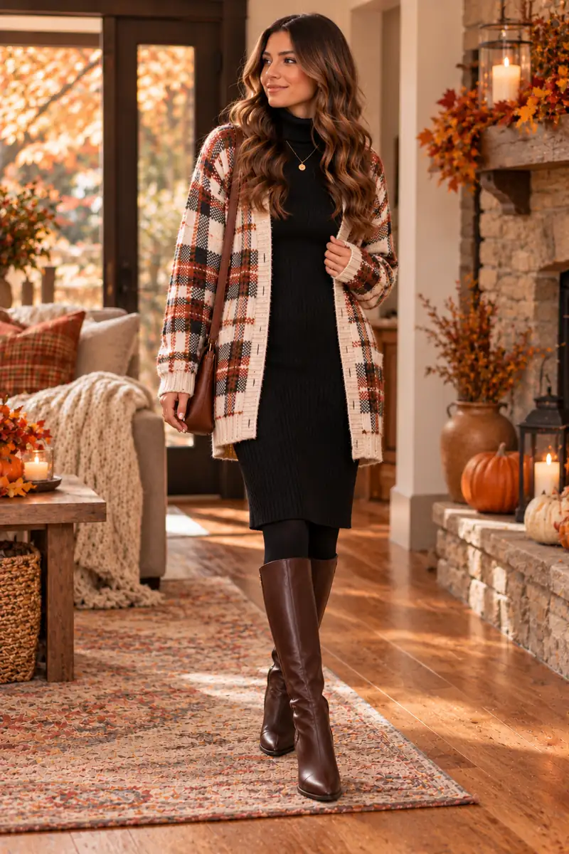 18 Plaid Cardigan Outfits for Easy Fall Layering 9 Woman wearing a plaid cardigan over a black turtleneck knit dress with opaque black tights and knee-high boots