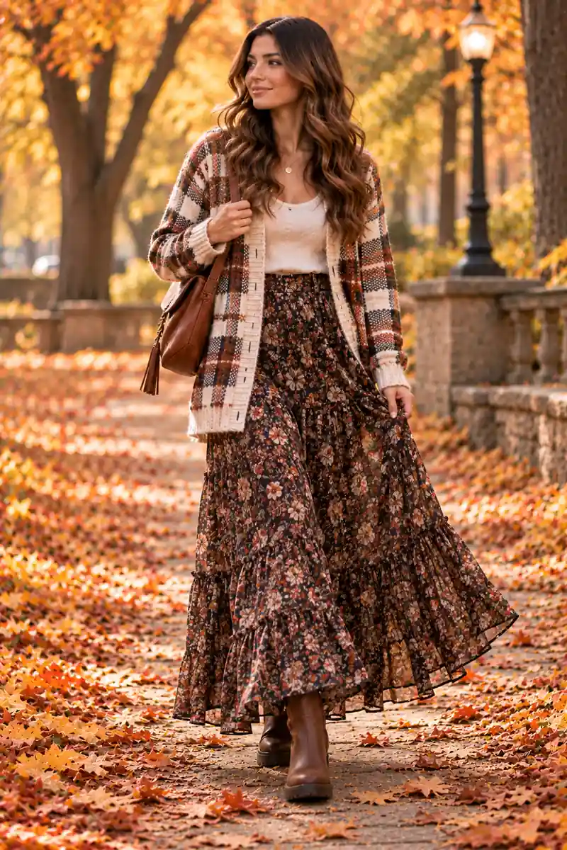 18 Plaid Cardigan Outfits for Easy Fall Layering 8 Woman in a plaid cardigan with a flowy floral maxi skirt and chunky boots
