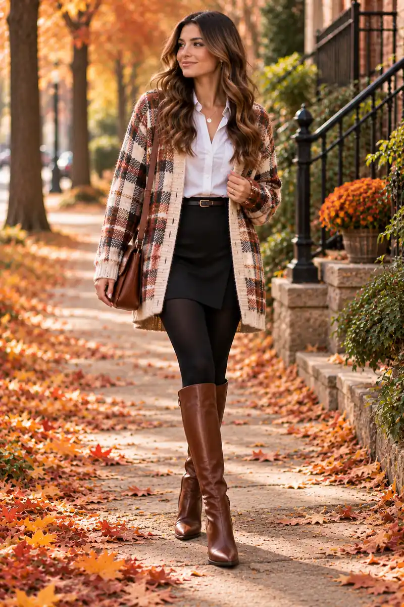 18 Plaid Cardigan Outfits for Easy Fall Layering 5 Woman wearing a plaid cardigan with a white button-down shirt, black mini skirt, opaque black tights and boots