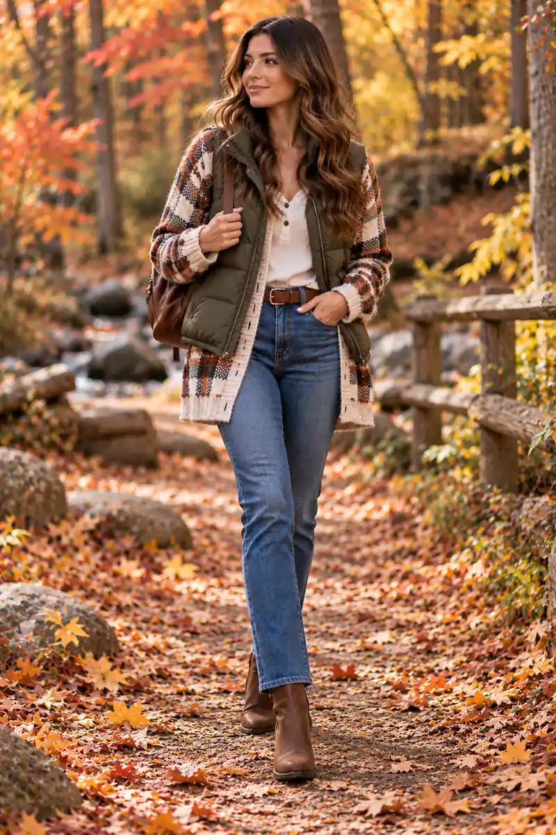 18 Plaid Cardigan Outfits for Easy Fall Layering 7 Woman wearing a plaid cardigan under a quilted puffer vest with jeans and boots
