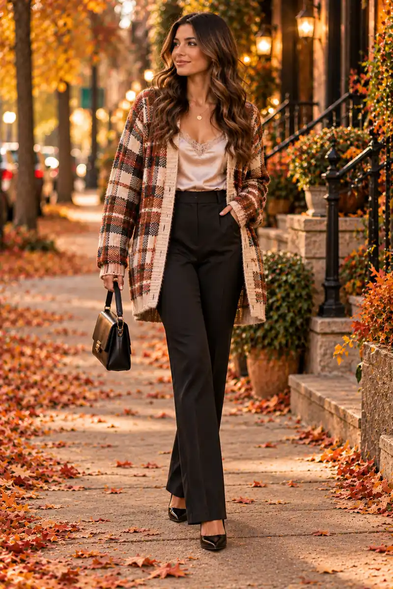 18 Plaid Cardigan Outfits for Easy Fall Layering 6 Woman in a plaid cardigan over a champagne satin cami with black trousers