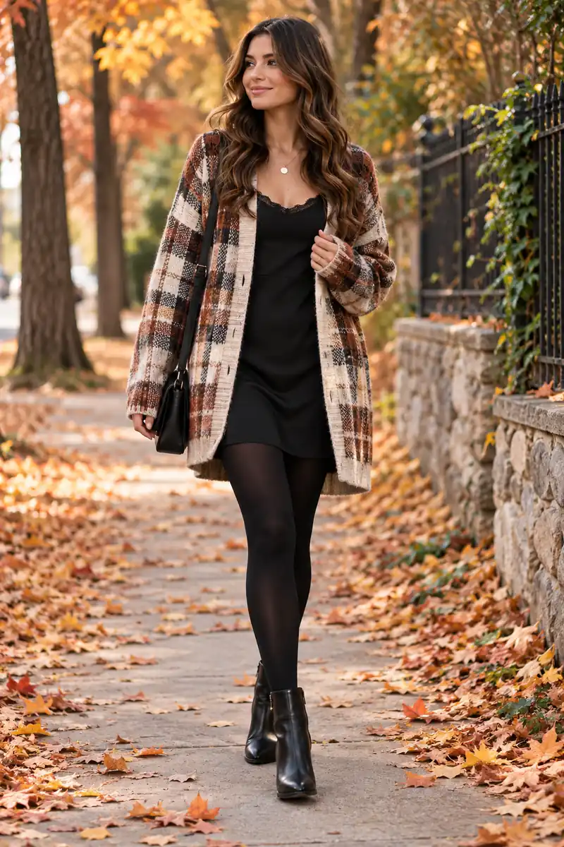 18 Plaid Cardigan Outfits for Easy Fall Layering 1 Woman wearing an oversized plaid cardigan over a black slip dress with opaque black tights and ankle boots